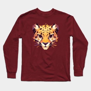 Geometrical Kawaii Jaguar Head. Adorable Wildcat in Mosaic Style Long Sleeve T-Shirt